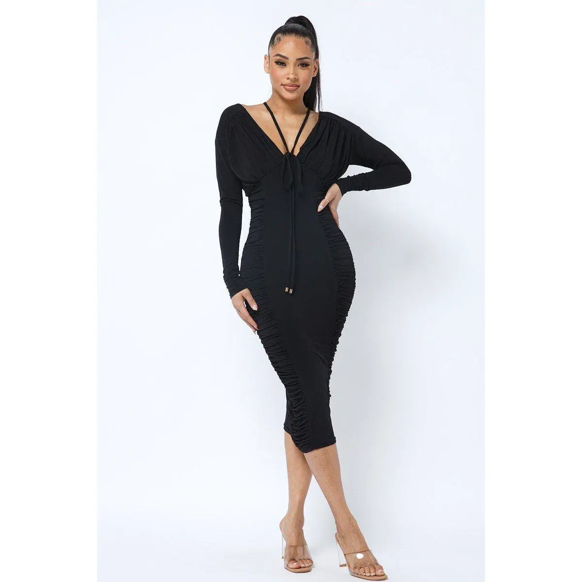 Long Sleeve Midi Dress With Low V Neck Front And Back With Ruching On Sides And Chest