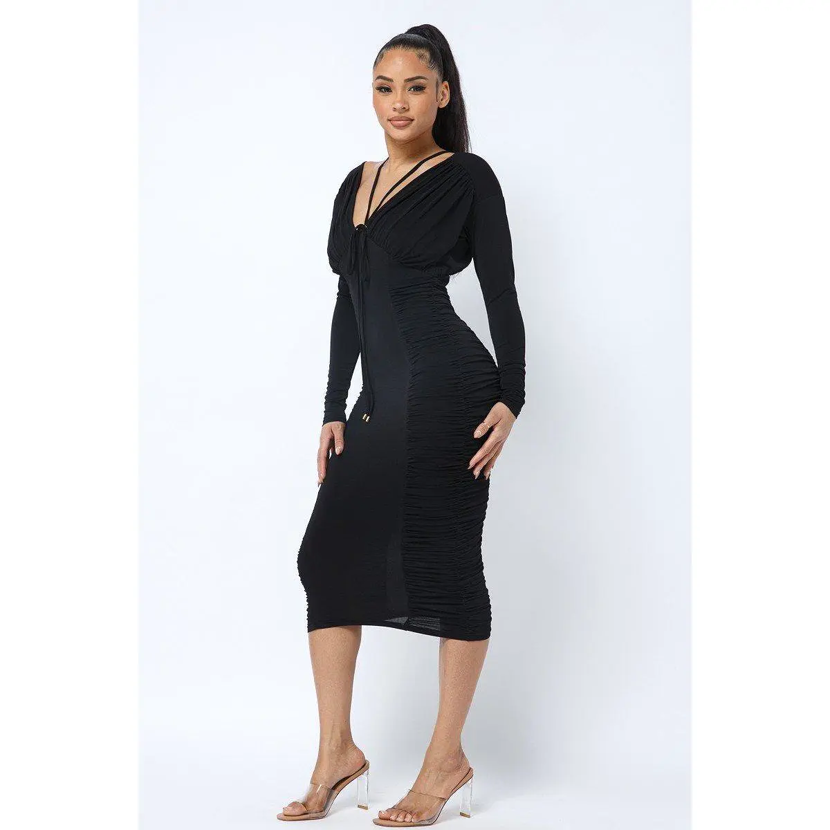 Long Sleeve Midi Dress With Low V Neck Front And Back With Ruching On Sides And Chest