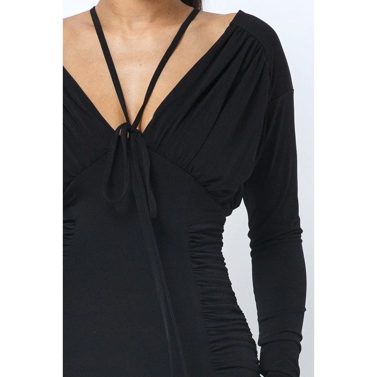 Long Sleeve Midi Dress With Low V Neck Front And Back With Ruching On Sides And Chest