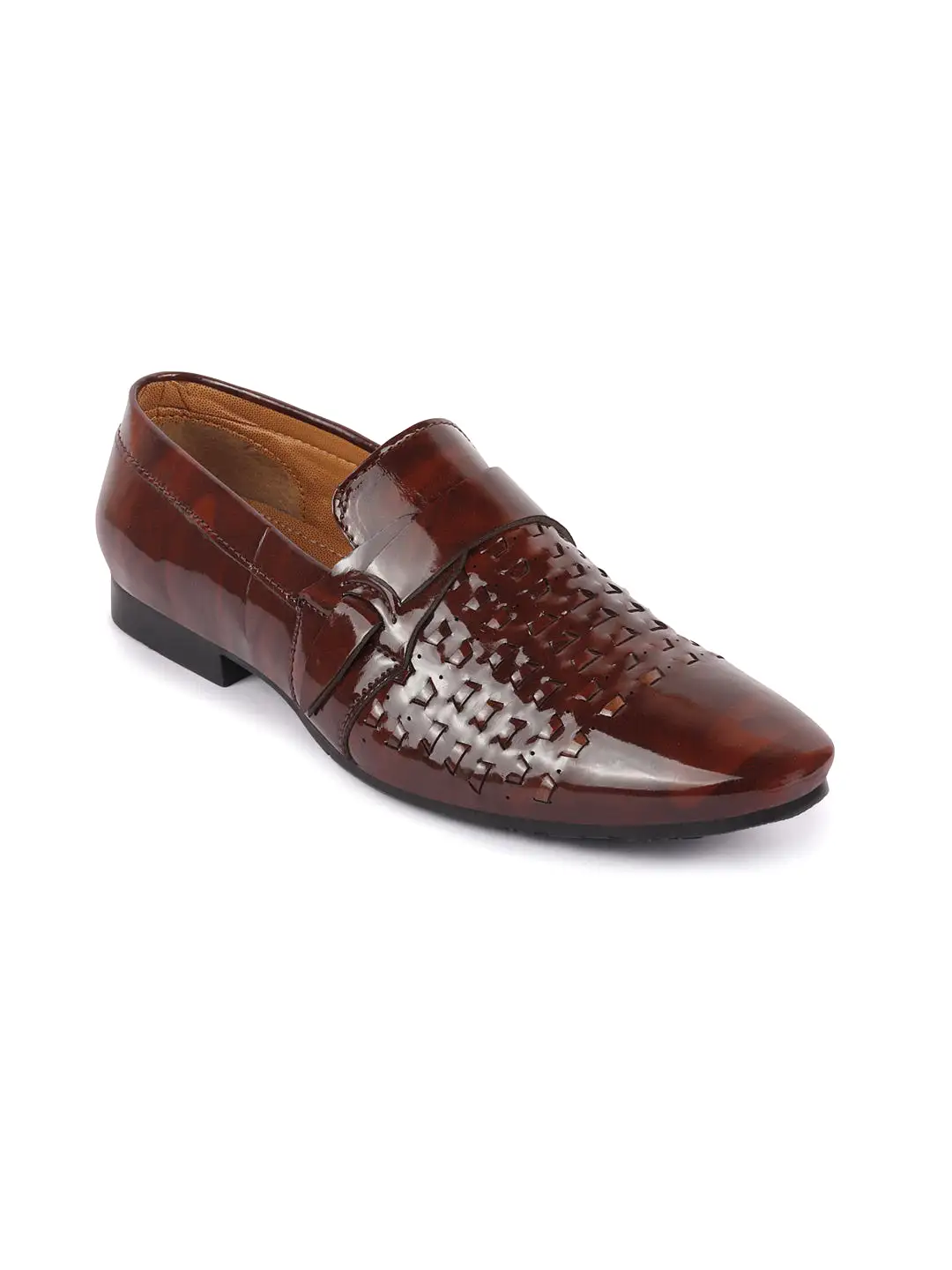 Men Brown Casual Patent Leather Slip-On Shoes