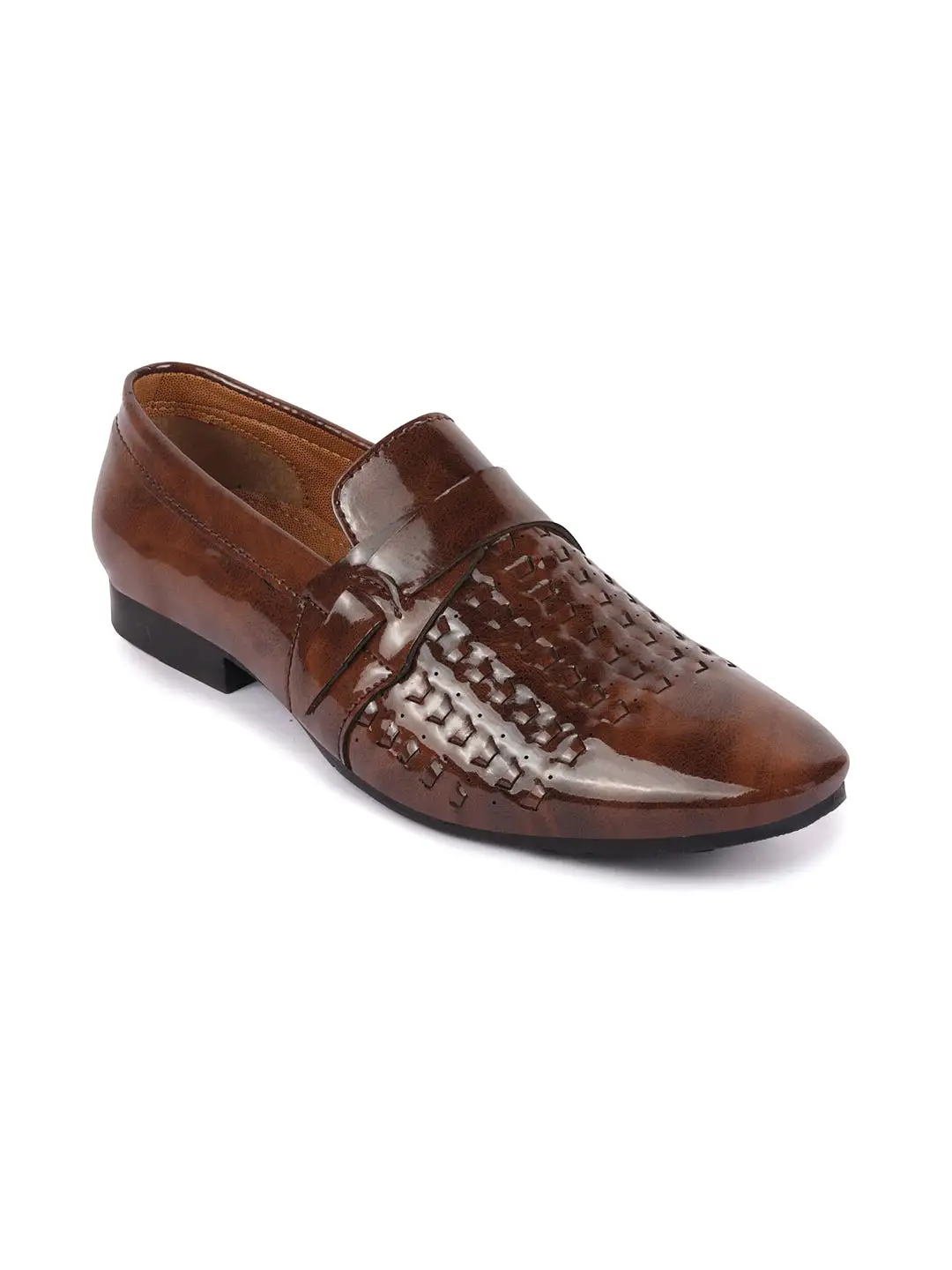 Men Tan Casual Patent Leather Slip-On Shoes