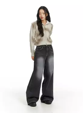 Mid Waist Washed Button Wide Leg Jeans CJ409