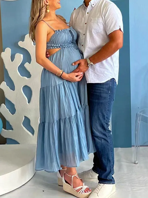 Momnfancy Blue Backless Tie Back Big Swing Flowy Boy Baby Shower Elegant Maternity Midi Dress