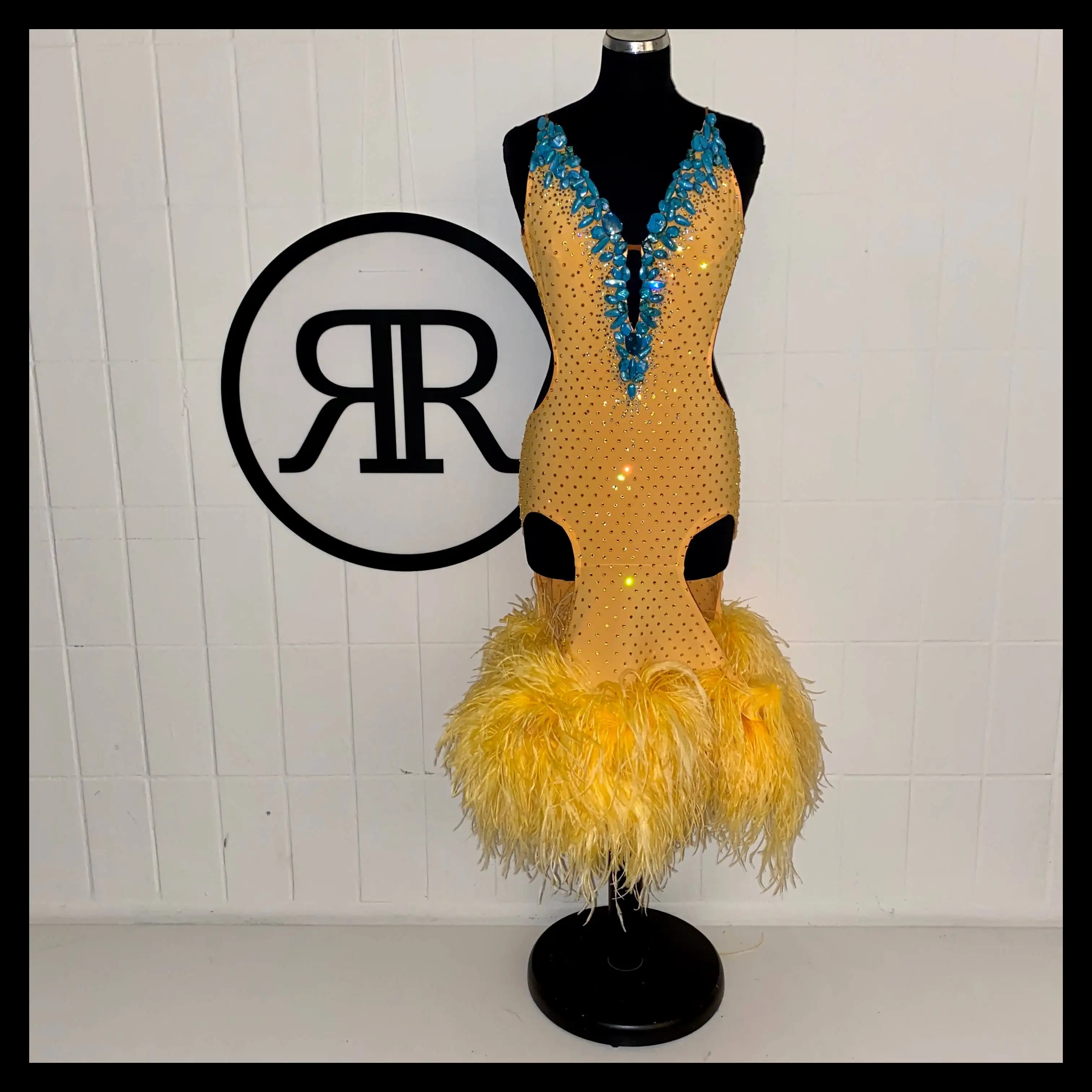 New Yellow & Turquoise Latin Dress with Feathers