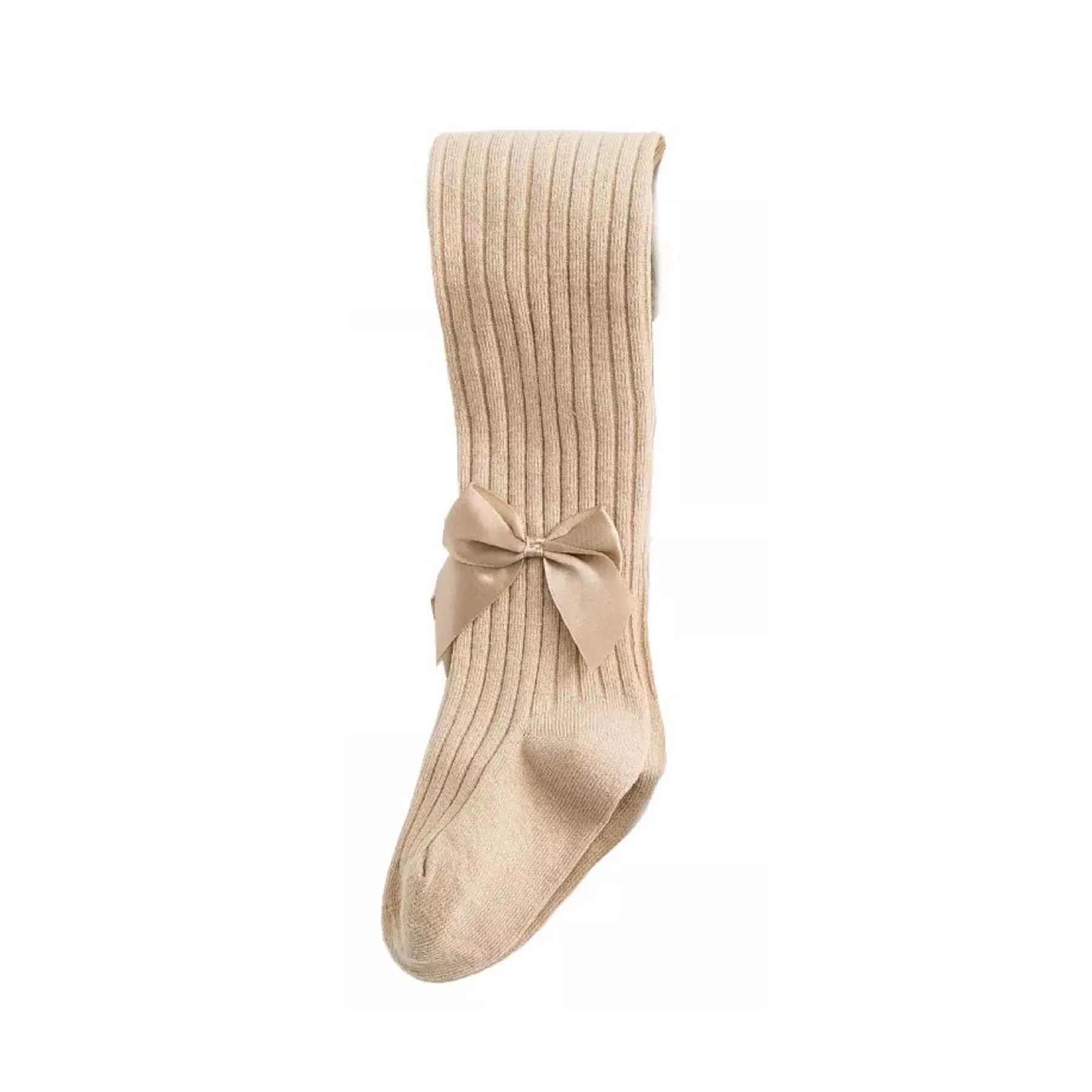 Nude ribbed cotton tights with satin bow (up to 2 years)