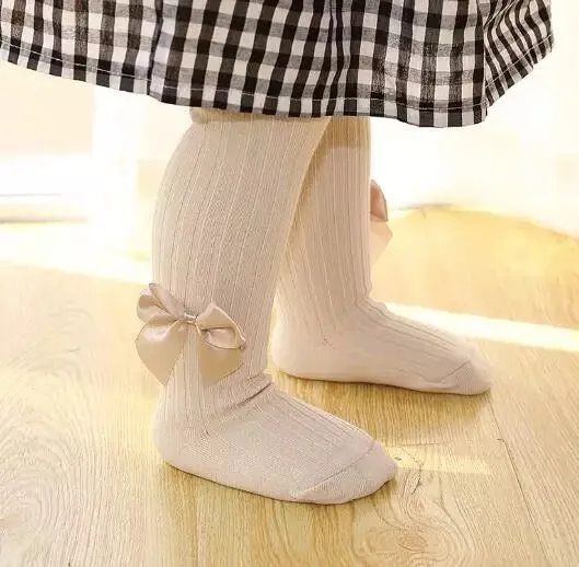 Nude ribbed cotton tights with satin bow (up to 2 years)