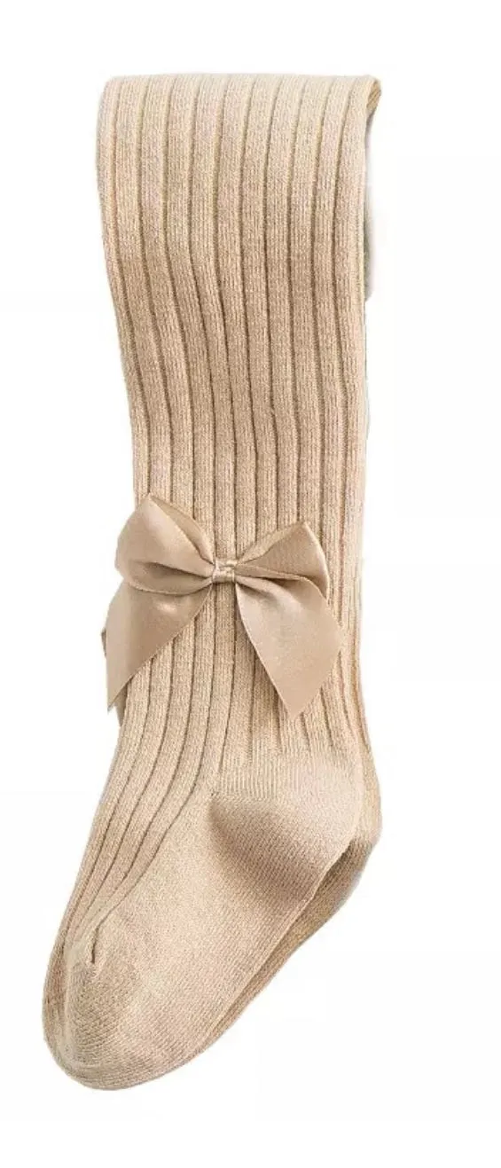 Nude ribbed cotton tights with satin bow (up to 2 years)