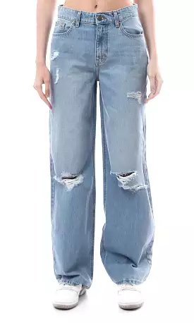 O175799 Wide Leg Solid Light Blue Jeans With Front Rips