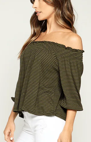 Off Shoulder Ribbed Top - Olive/Black