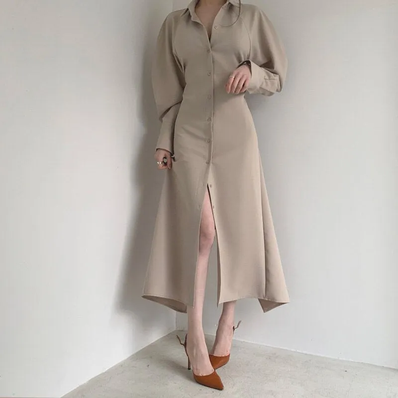 Office Lady Collared Long Sleeve Shirt Dress Cut Out Back Tie Sexy Midi Dress With Slit