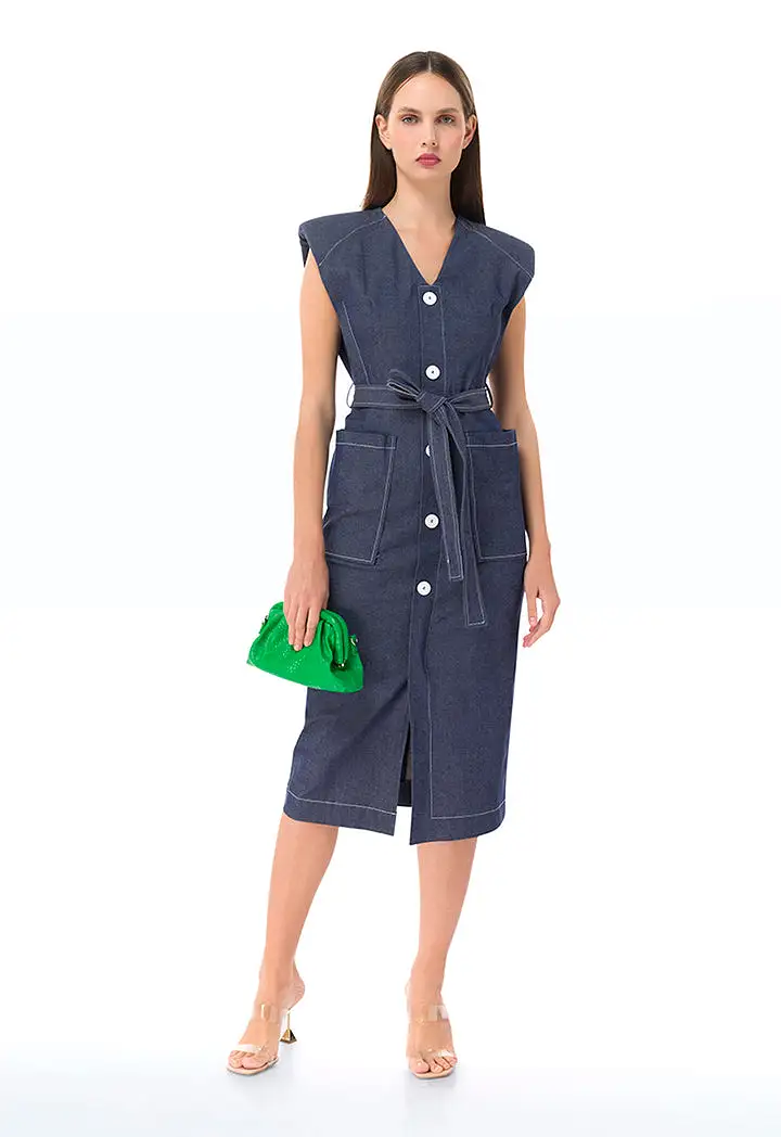 Padded Shoulder Denim Midi Dress