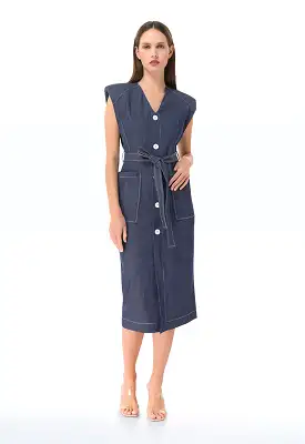 Padded Shoulder Denim Midi Dress