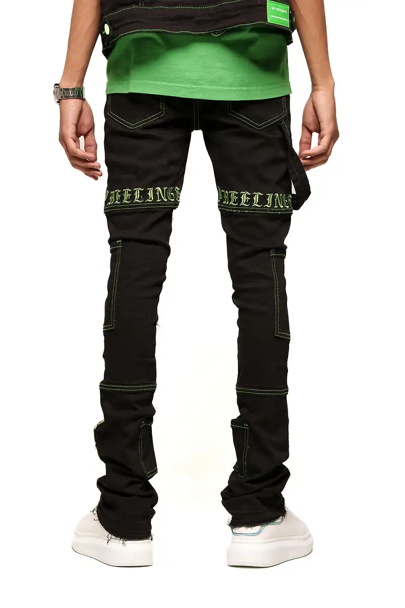 PHEELINGS DEFYING ODDS FLARE STACK DENIM (JET BLACK/LIME GREEN)