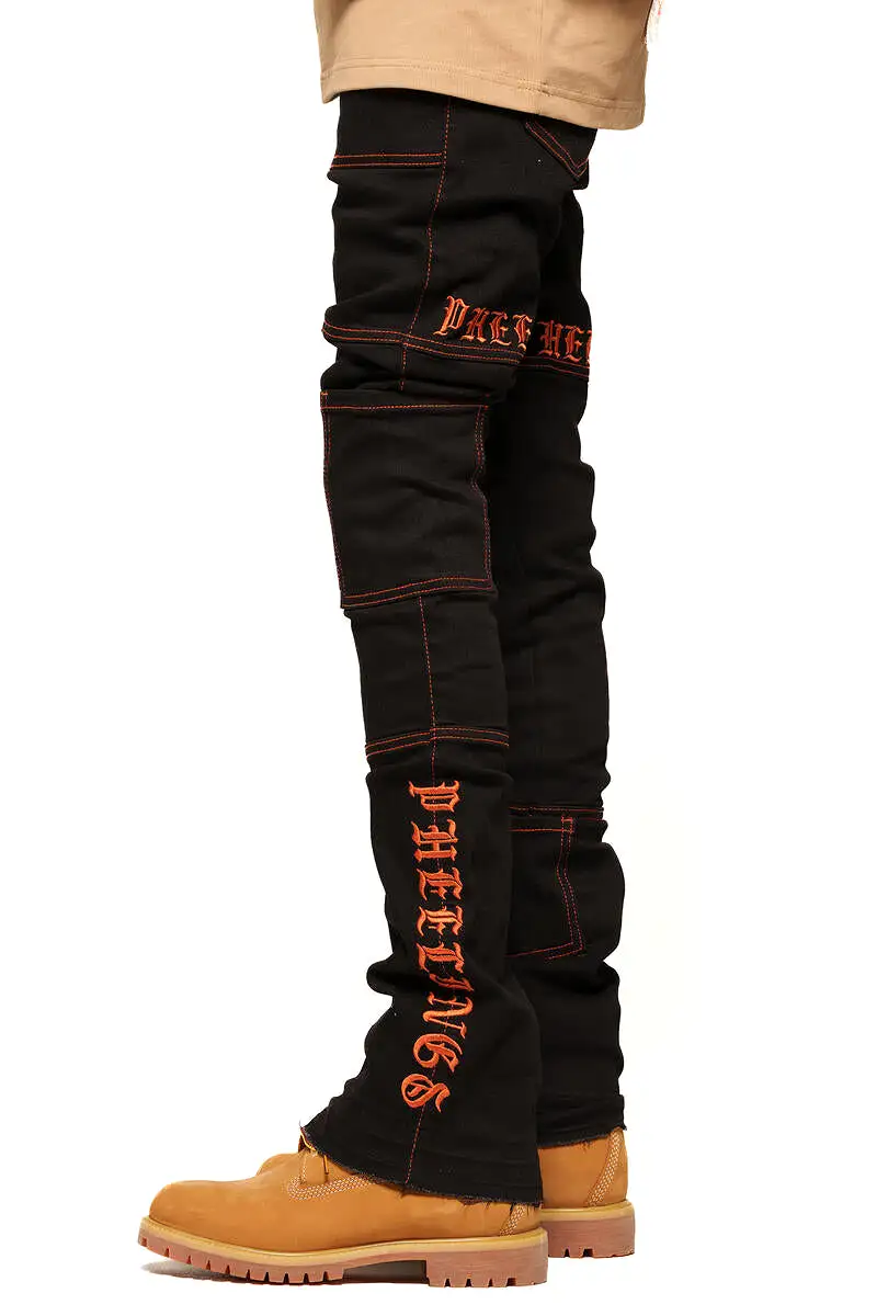 PHEELINGS DEFYING ODDS FLARE STACK DENIM (JET BLACK/ORANGE)