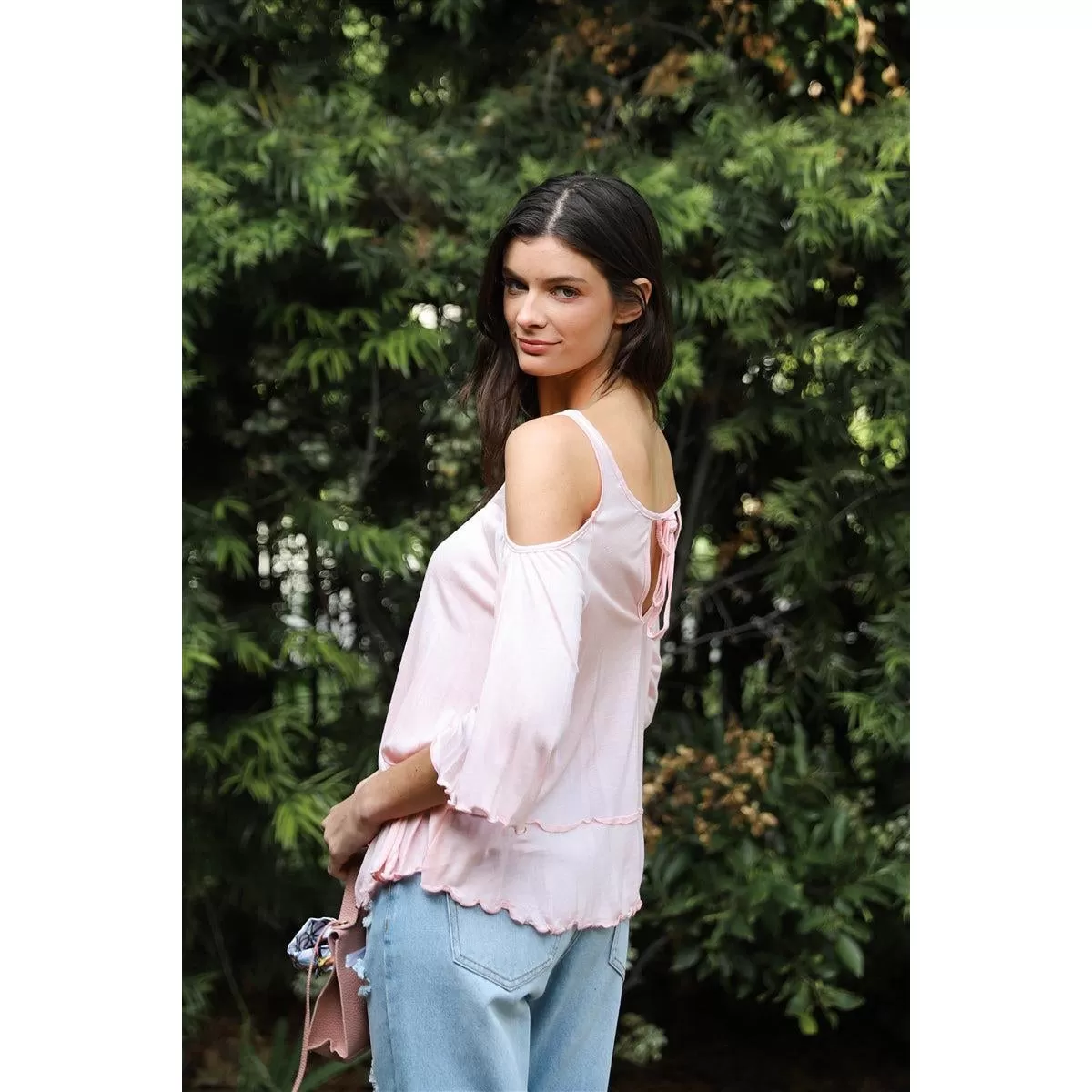 Pink Cold Shoulder Back Self-tie Detail Midi Sleeve Lettuce Edge Top