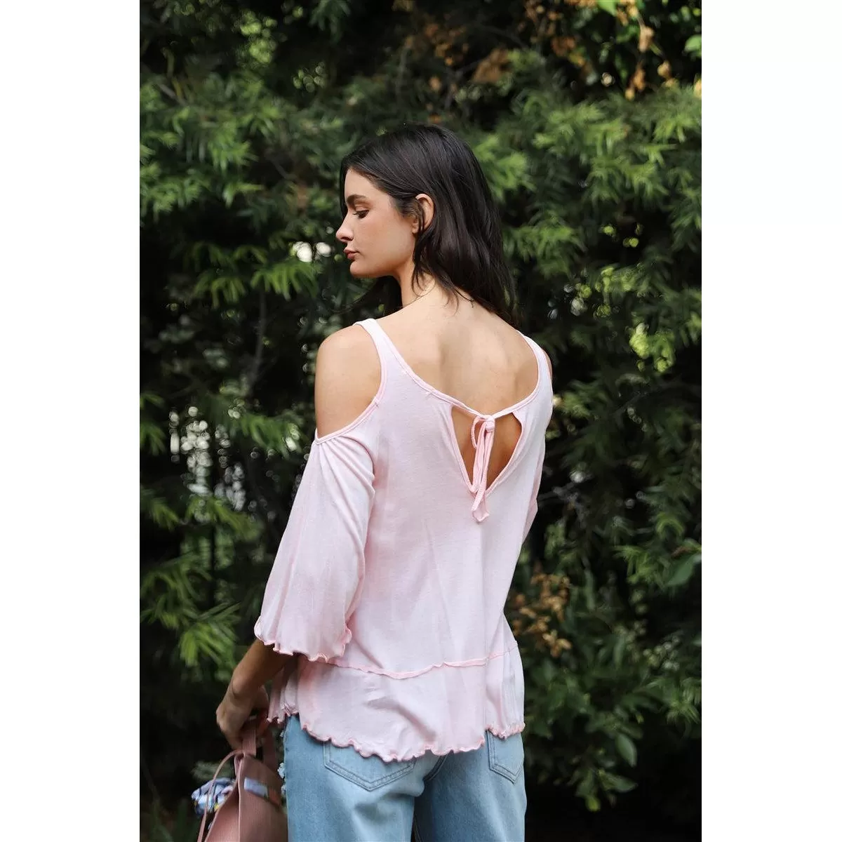 Pink Cold Shoulder Back Self-tie Detail Midi Sleeve Lettuce Edge Top