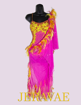 Pink Mesh Wrap Latin Dress with Yellow and Orange Feathers, Single Mesh Sleeve, Lace Applique, Stones, and Open Back Sz S Lat211