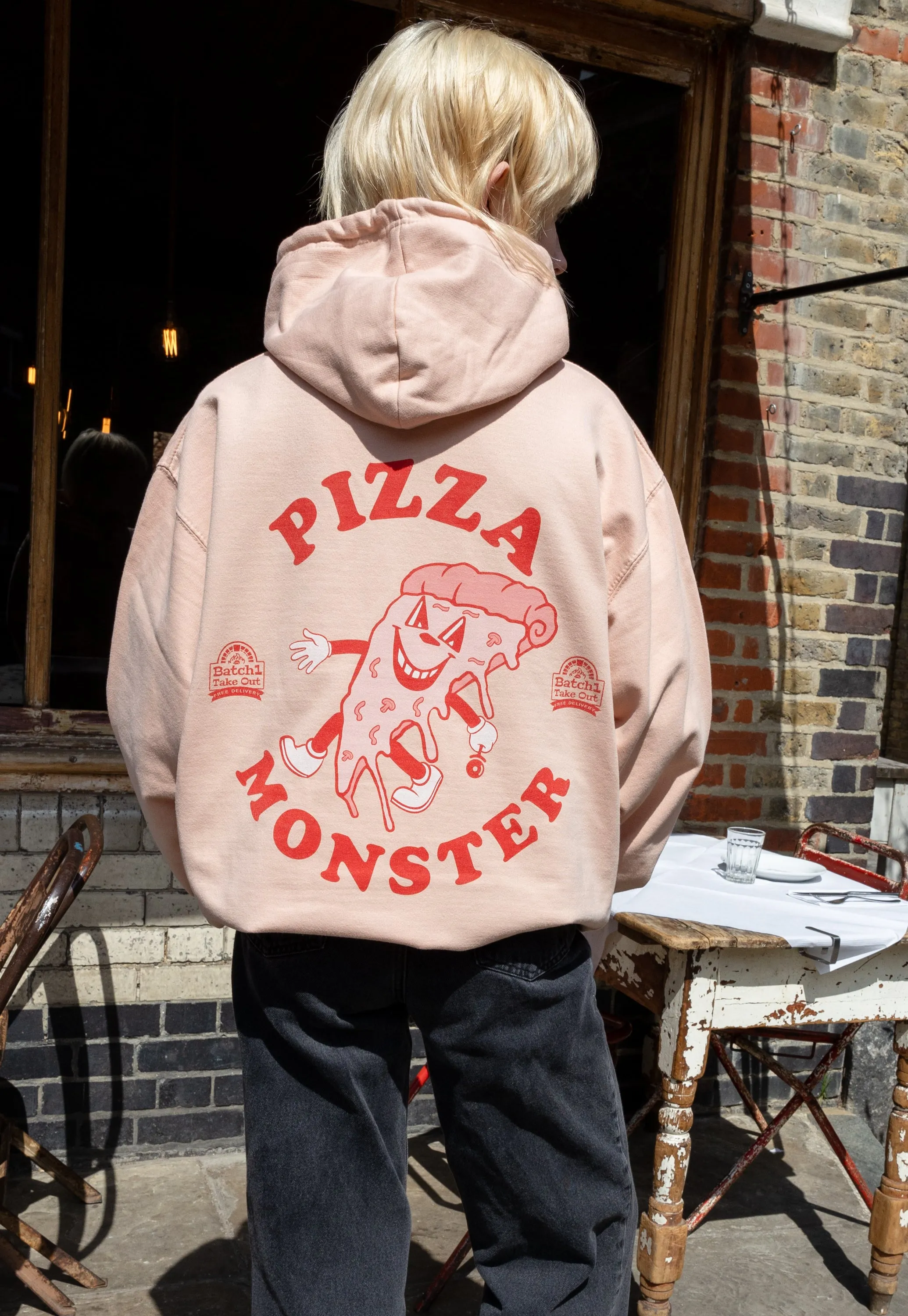 Pizza Monster Graphic Hoodie in Peach