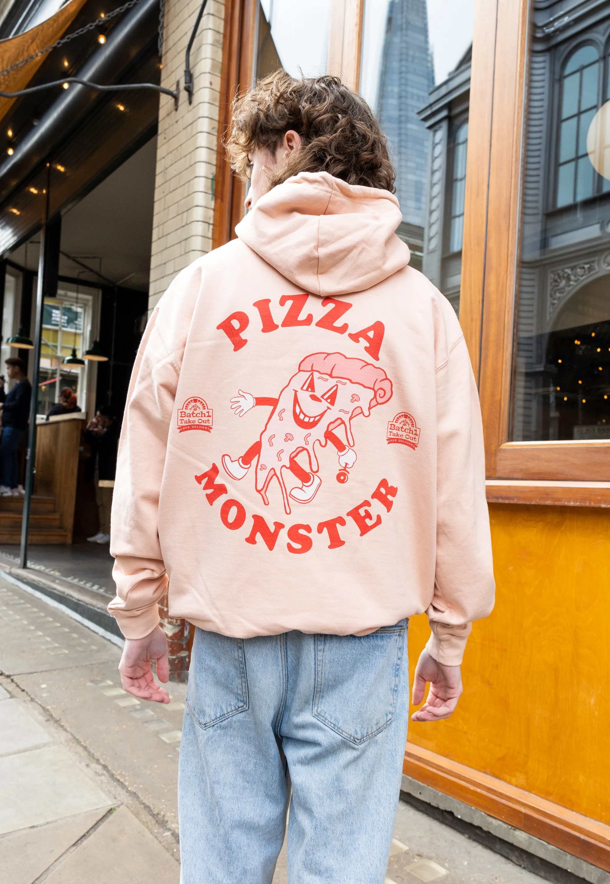 Pizza Monster Graphic Hoodie in Peach