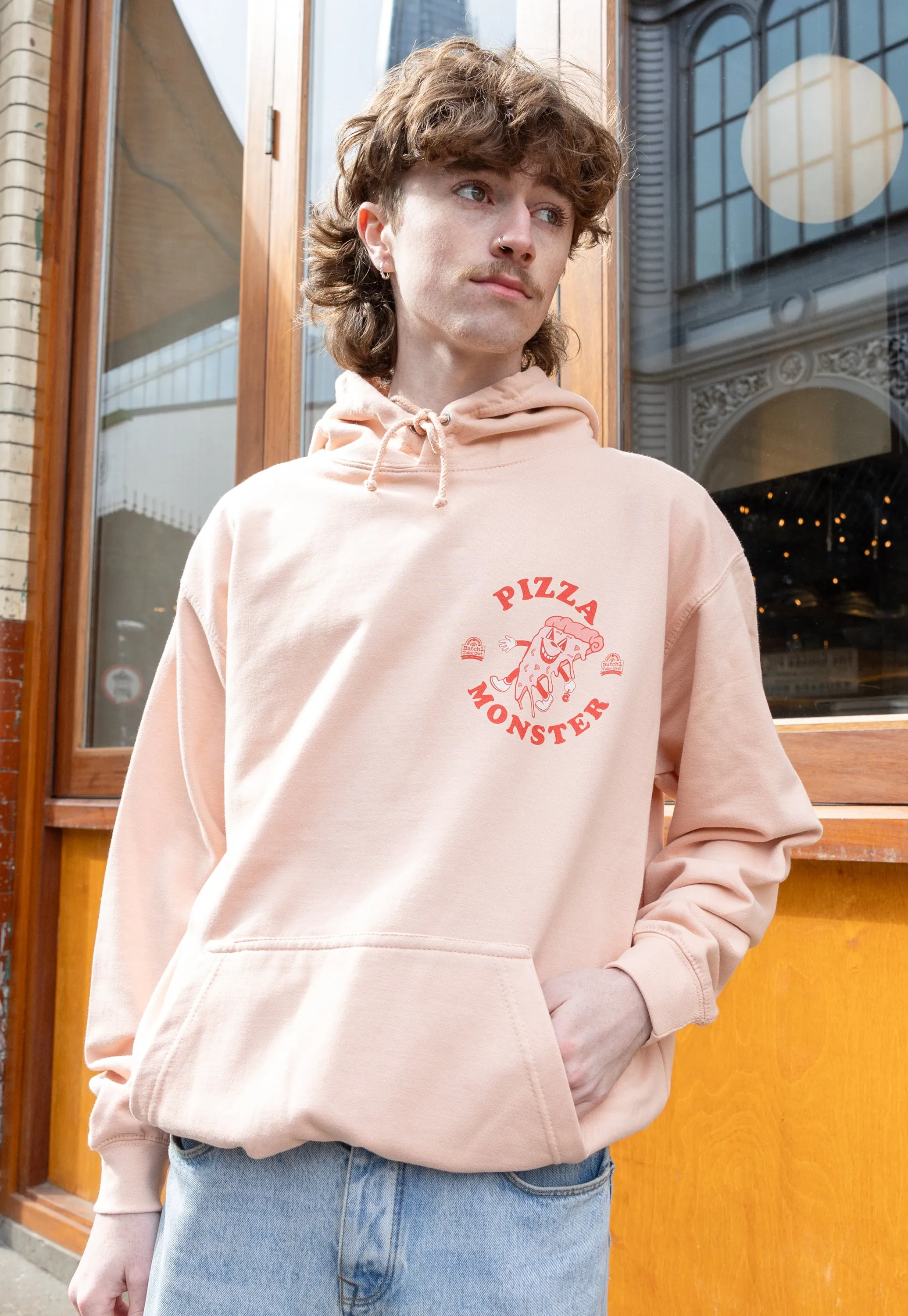 Pizza Monster Graphic Hoodie in Peach