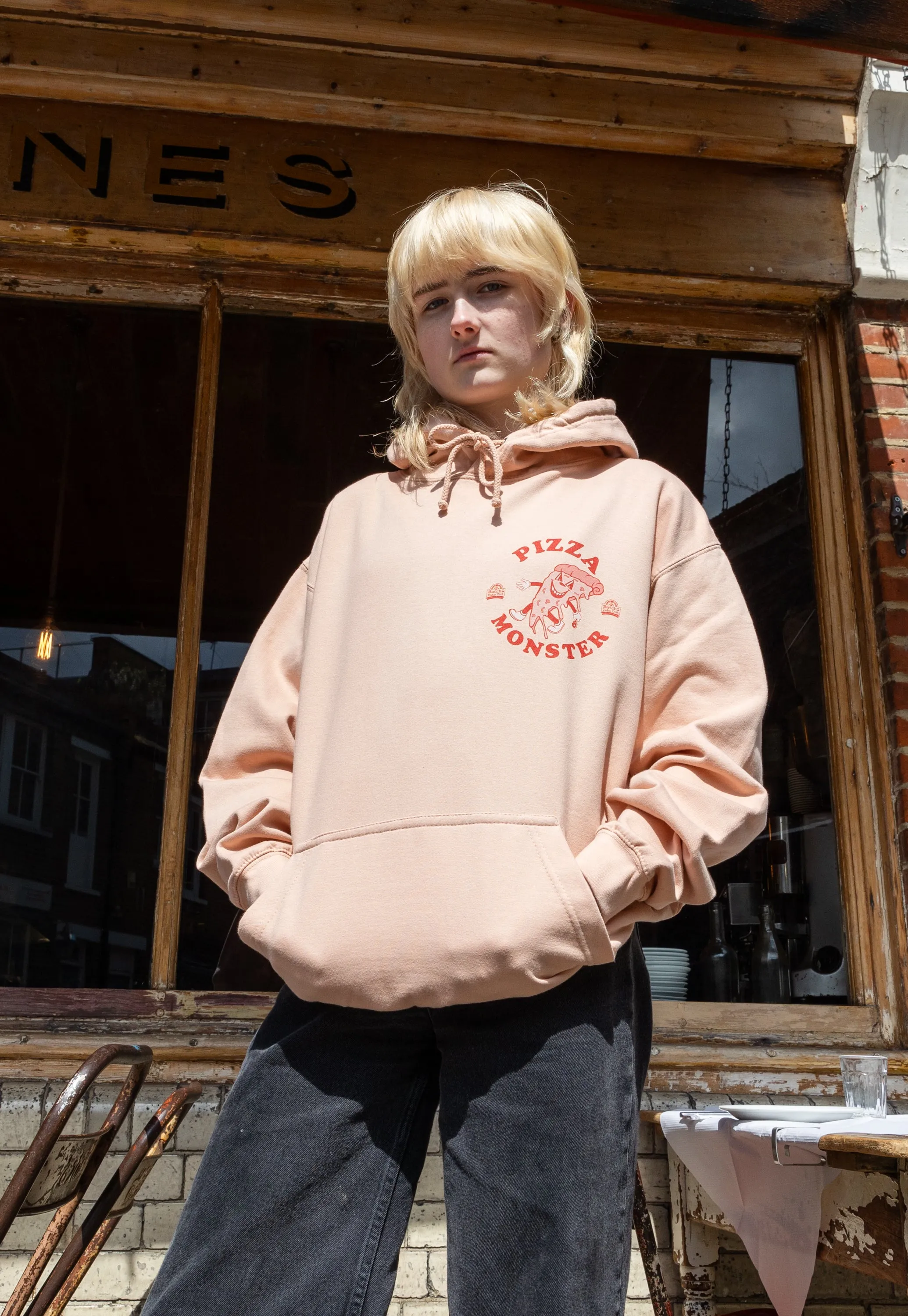 Pizza Monster Graphic Hoodie in Peach