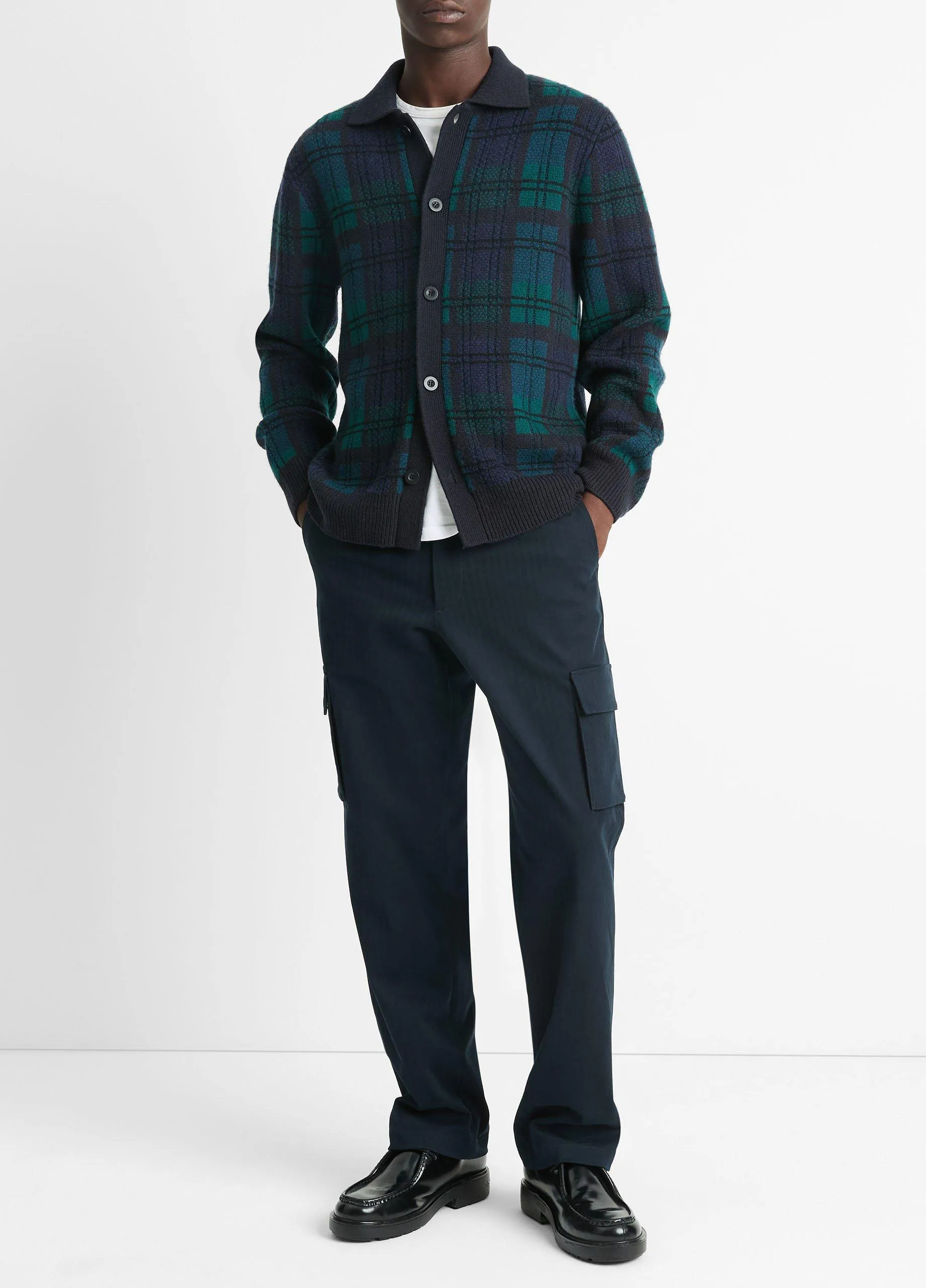 Plaid Wool and Cashmere Collared Cardigan