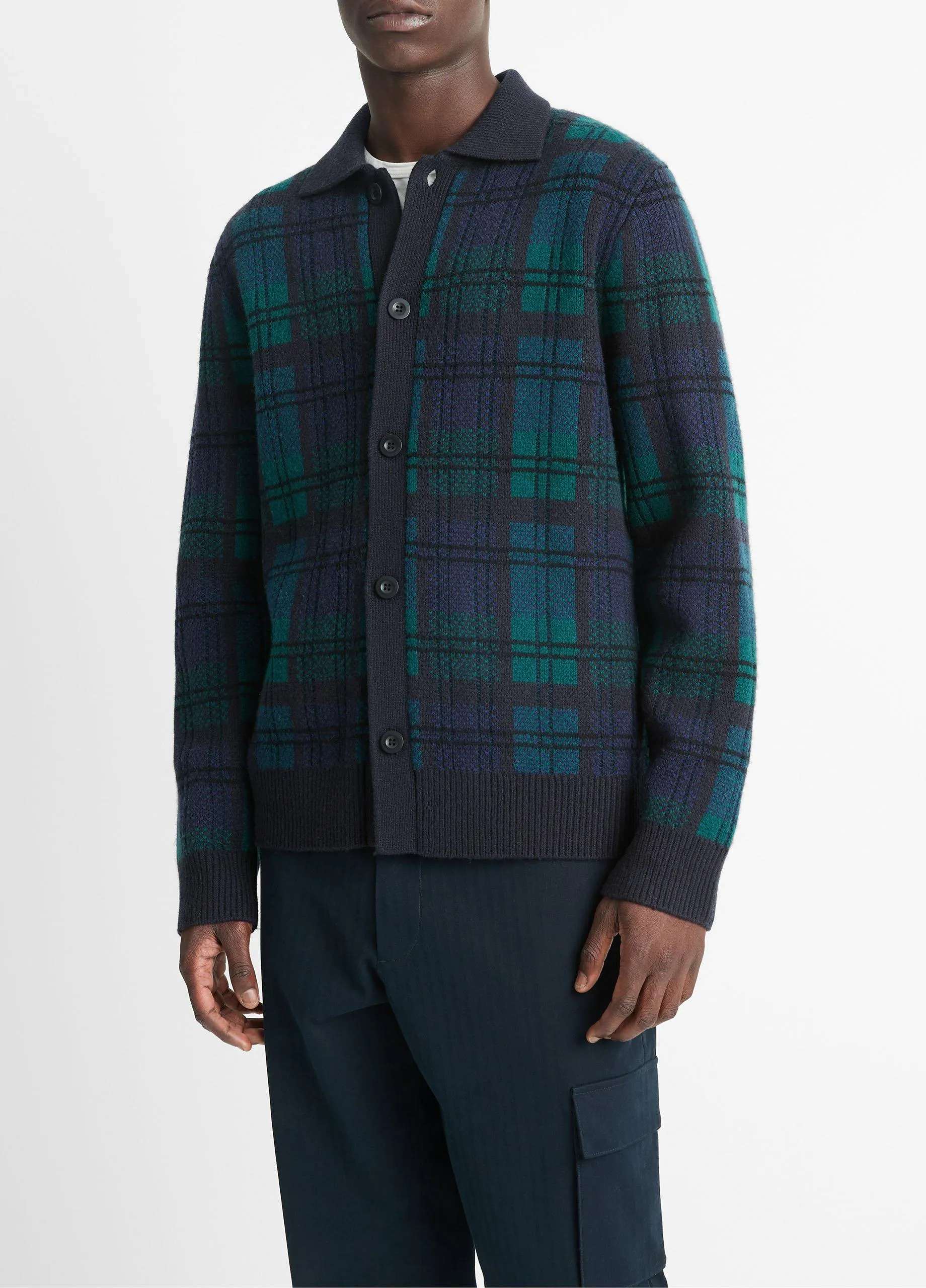 Plaid Wool and Cashmere Collared Cardigan