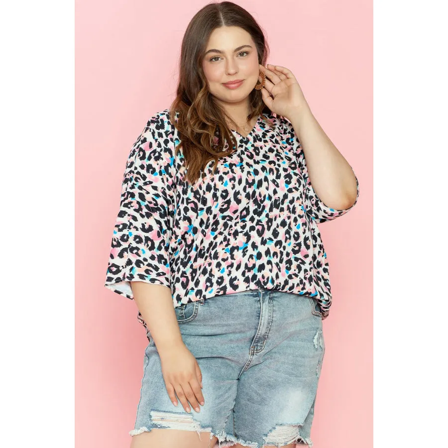 Plus Size Leopard V-Neck Three-Quarter Sleeve Blouse