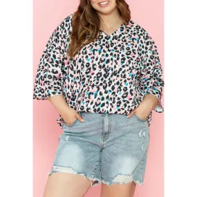 Plus Size Leopard V-Neck Three-Quarter Sleeve Blouse