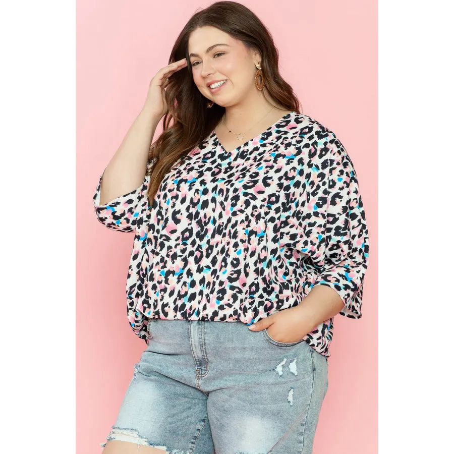 Plus Size Leopard V-Neck Three-Quarter Sleeve Blouse