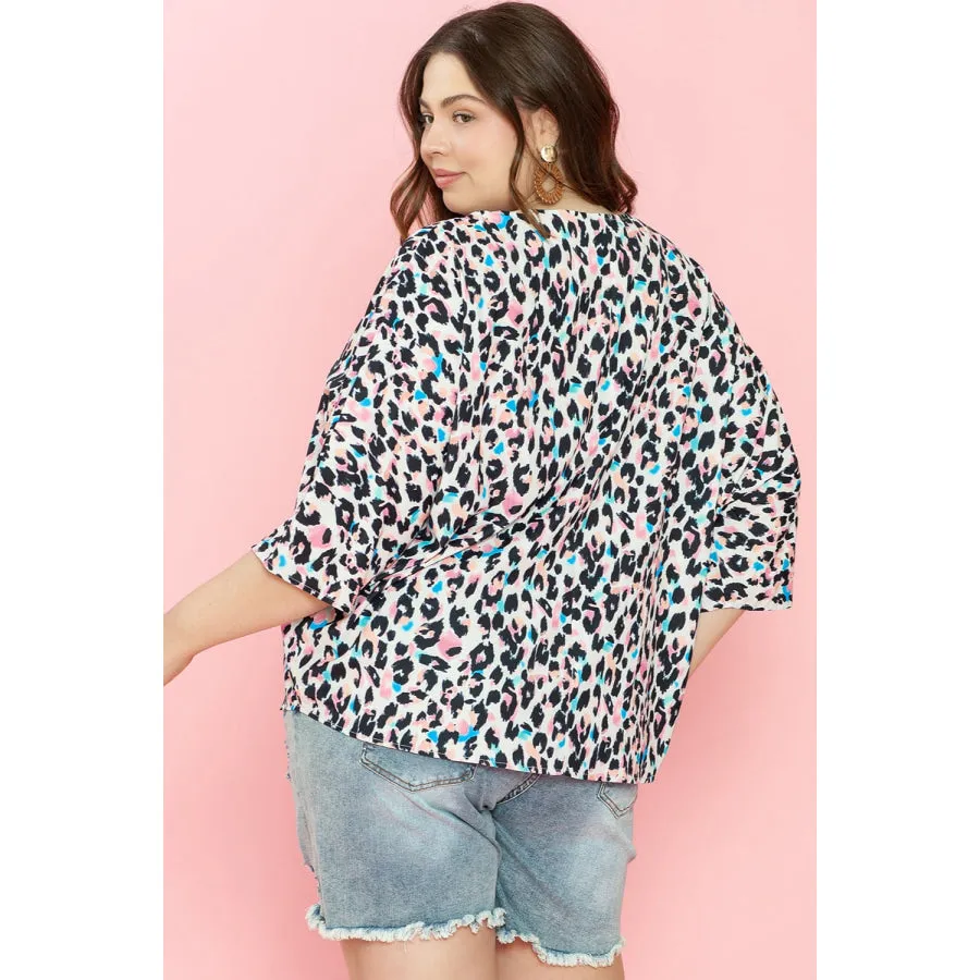 Plus Size Leopard V-Neck Three-Quarter Sleeve Blouse