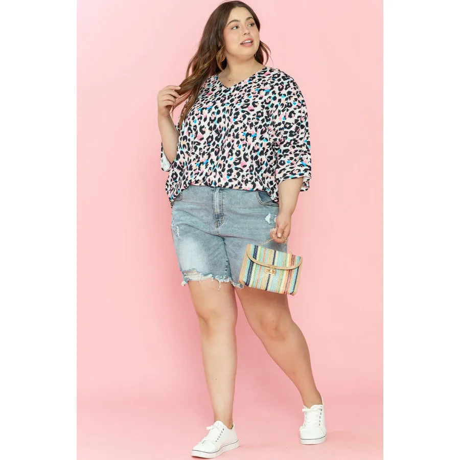 Plus Size Leopard V-Neck Three-Quarter Sleeve Blouse