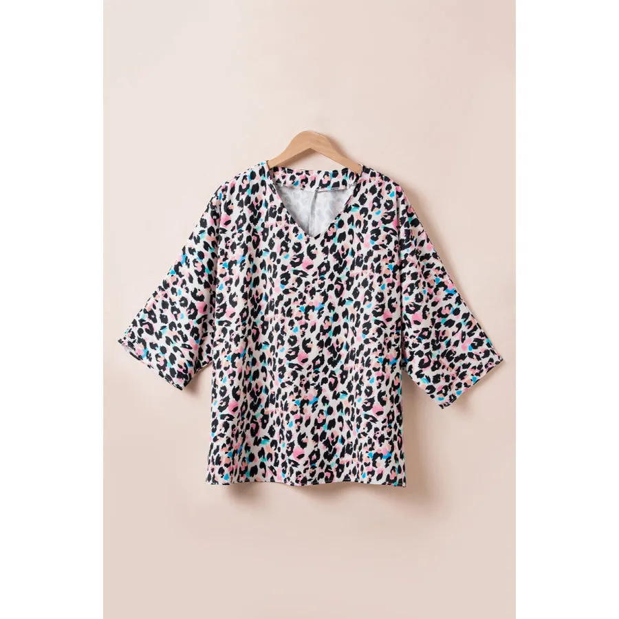 Plus Size Leopard V-Neck Three-Quarter Sleeve Blouse