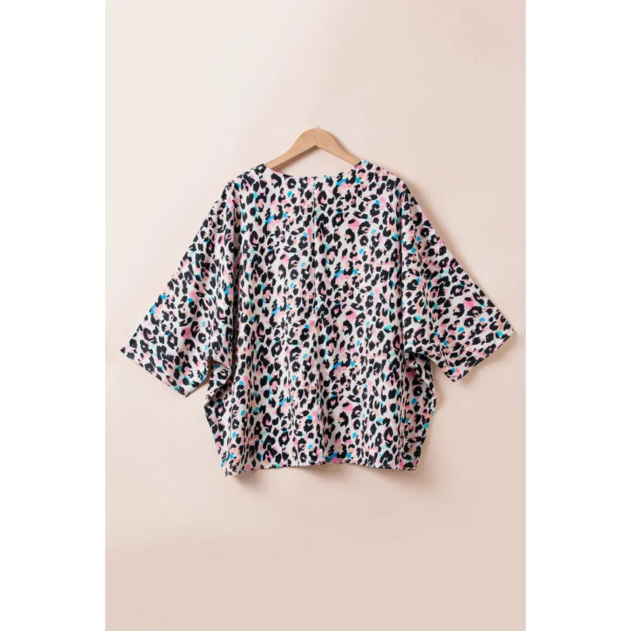 Plus Size Leopard V-Neck Three-Quarter Sleeve Blouse