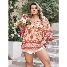 Plus Size Printed V-Neck Three-Quarter Sleeve Blouse