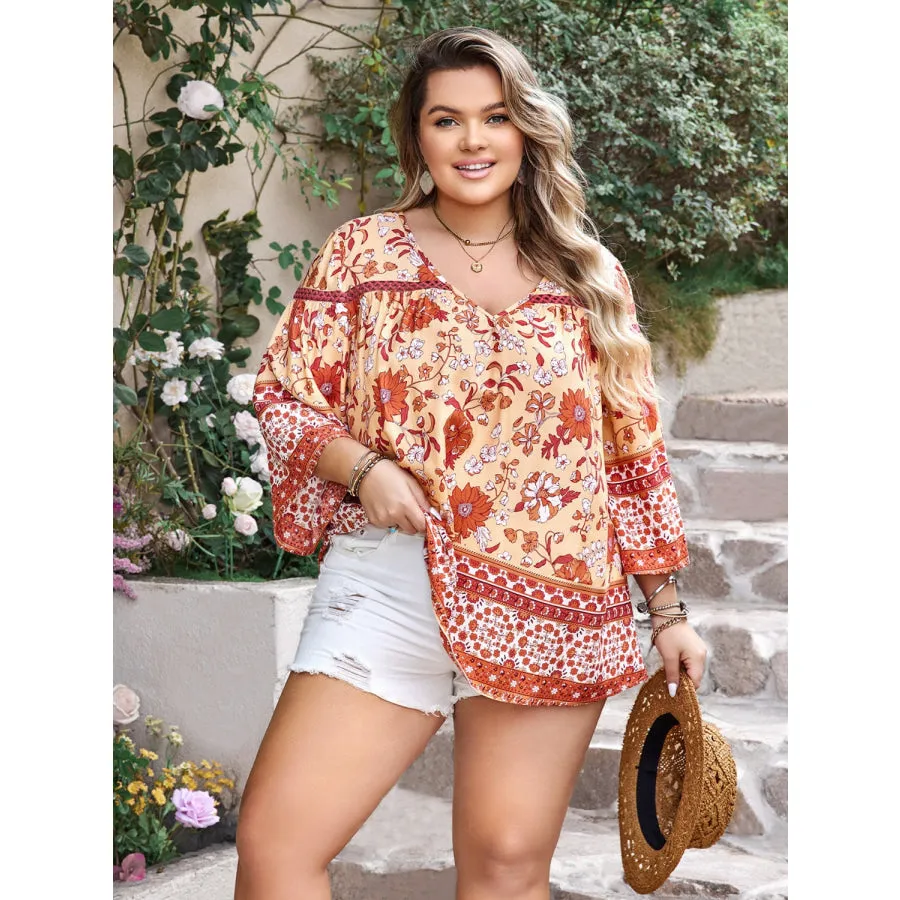 Plus Size Printed V-Neck Three-Quarter Sleeve Blouse