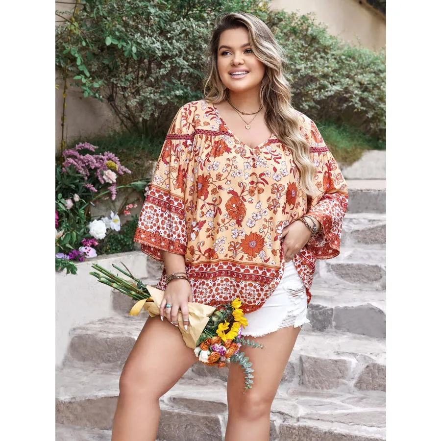 Plus Size Printed V-Neck Three-Quarter Sleeve Blouse