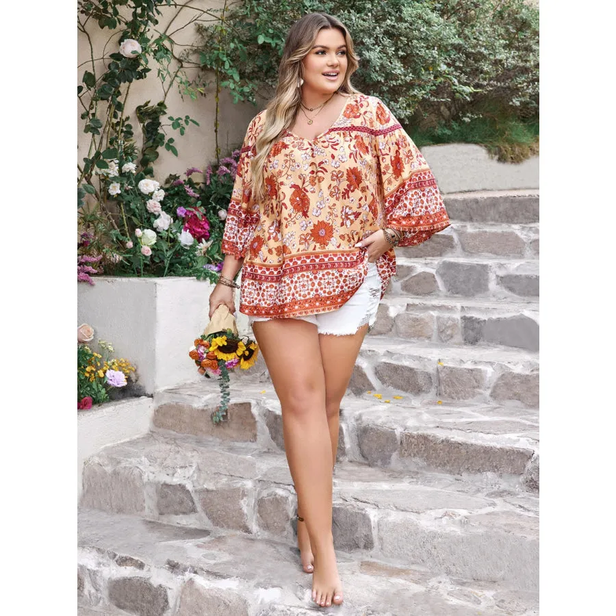 Plus Size Printed V-Neck Three-Quarter Sleeve Blouse