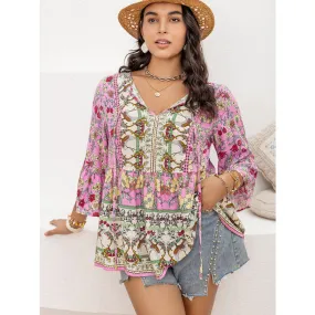 Plus Size Ruched Printed Tie Neck Three-Quarter Sleeve Blouse