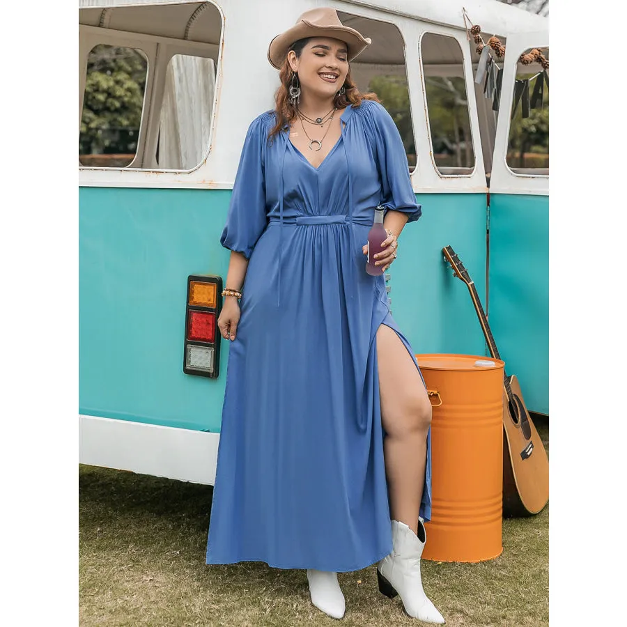 Plus Size Ruched Slit Three-Quarter Sleeve Midi Dress