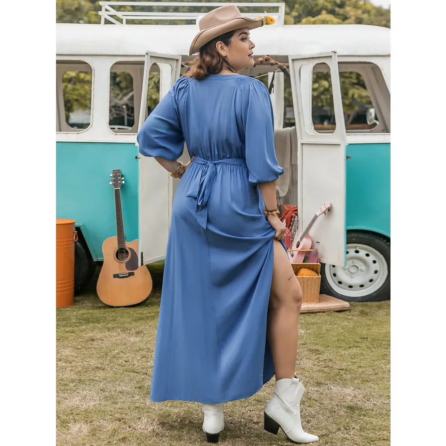 Plus Size Ruched Slit Three-Quarter Sleeve Midi Dress