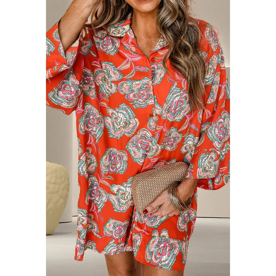 Printed Button Up Three-Quarter Sleeve Shirt Dress