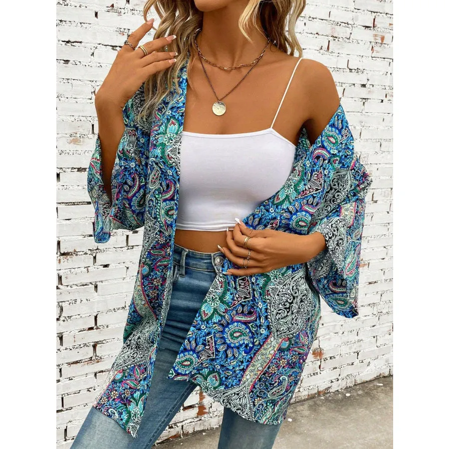 Printed Open Front Three-Quarter Sleeve Cover Up