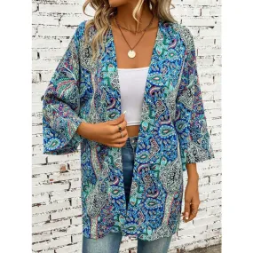 Printed Open Front Three-Quarter Sleeve Cover Up