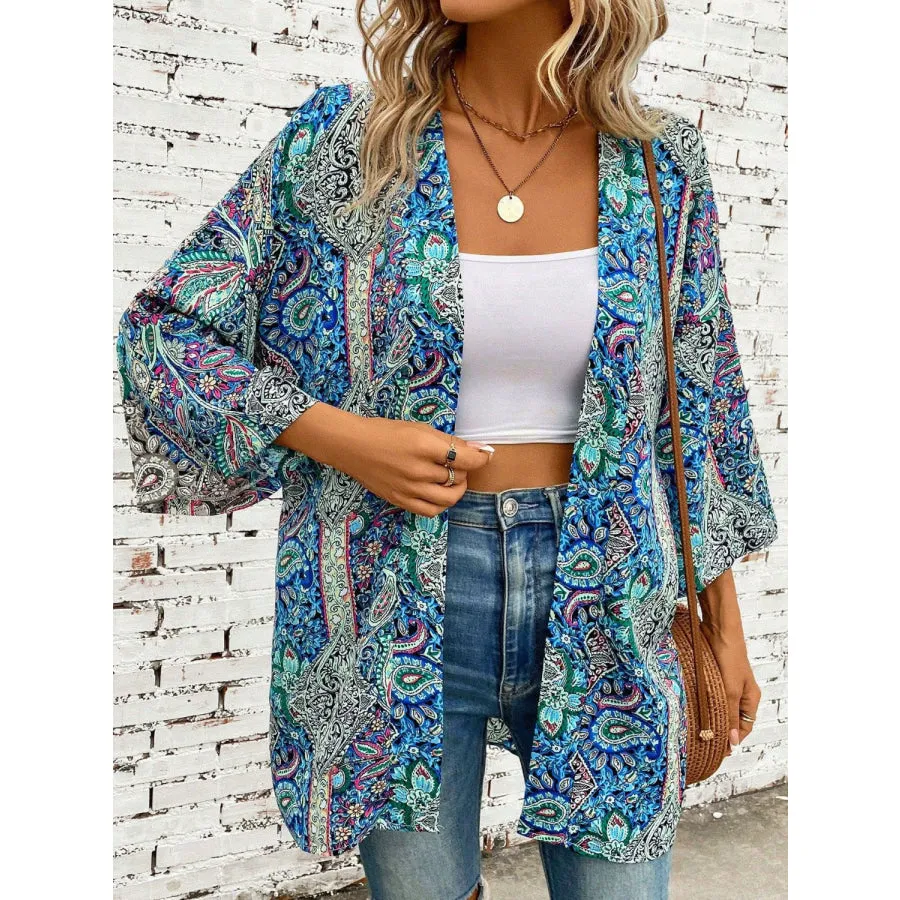 Printed Open Front Three-Quarter Sleeve Cover Up