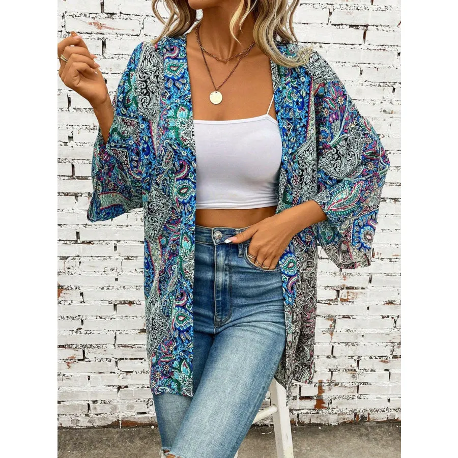 Printed Open Front Three-Quarter Sleeve Cover Up