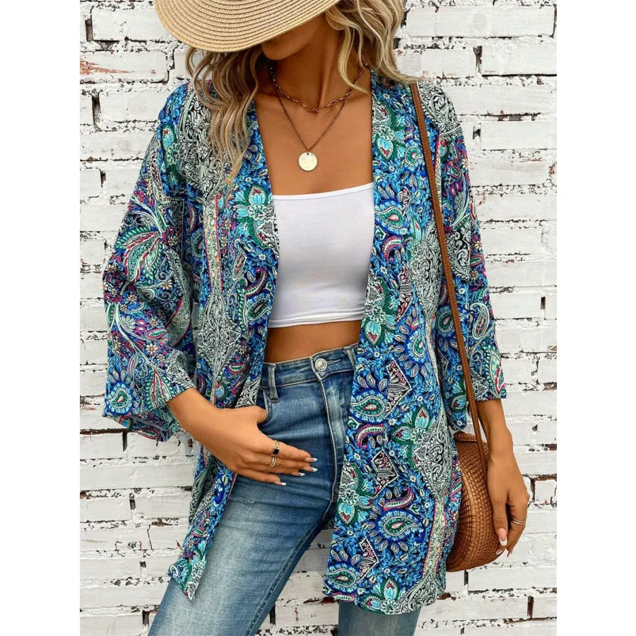 Printed Open Front Three-Quarter Sleeve Cover Up