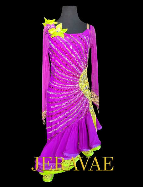 Purple Long Sleeve Latin Dress with Neon Yellow Flowers on One Shoulder, Lace, Fringe Tassels, and Stones in Sunburst Pattern Sz