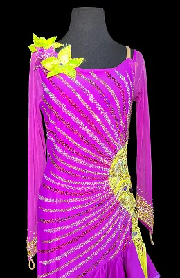 Purple Long Sleeve Latin Dress with Neon Yellow Flowers on One Shoulder, Lace, Fringe Tassels, and Stones in Sunburst Pattern Sz