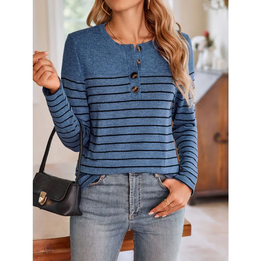 Quarter Button Striped Round Neck Long Sleeve T-Shirt